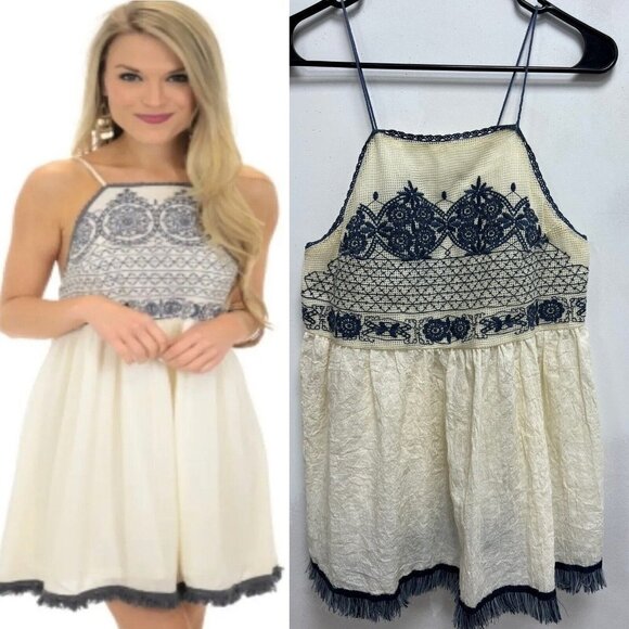 Alya Women Blue & Cream Top Crochet Size M Rayon Top Dress - Picture 1 of 15